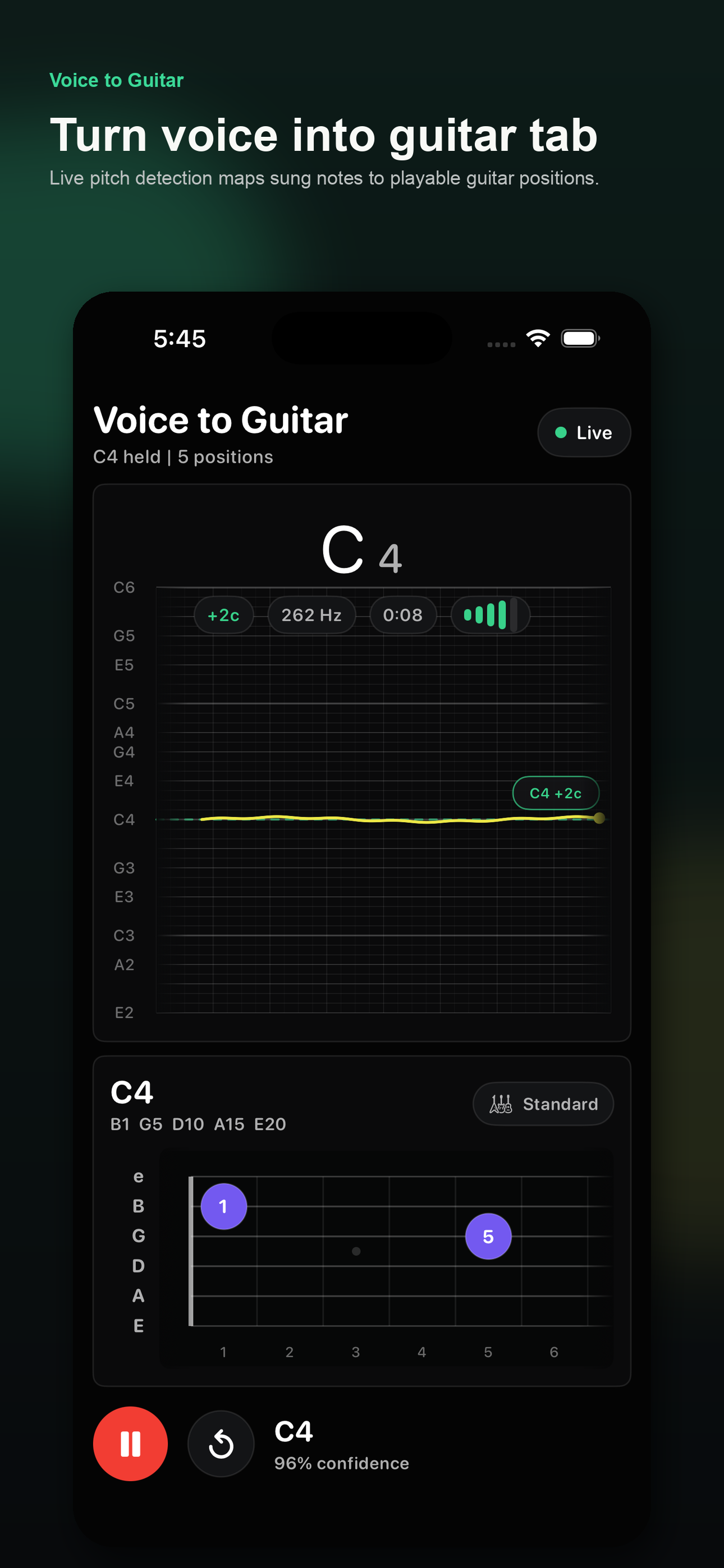 Voice to Guitar live pitch monitor and guitar tab screen